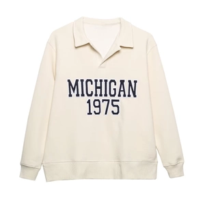 Sweatshirt À Manches Longues Revers Pour Femme Et Jogging Imprimé Lettres Style Rétro Américain Loungewear Décontracté Crème
