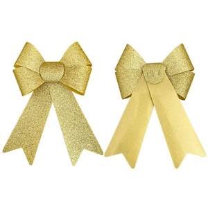 Golden glitter Christmas bow ornaments with front and back views for holiday tree decoration