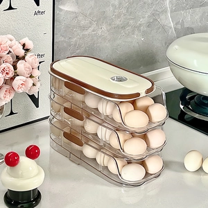 Three-layer clear PET egg holder with automatic sliding ramp and cream-colored lid