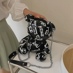 Graffiti bear shaped crossbody bag in black PU leather with metal chain strap