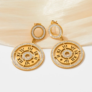 Golden double-ring compass earrings with sparkling rhinestones and Roman numerals