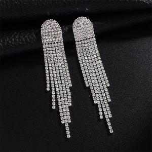 Long Tassel Dangle Earrings Rhinestone Waterfall Water Drop Copper Jewelry With Steel Earring Post For Women