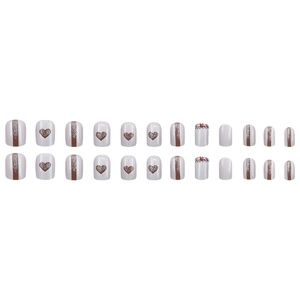 Sweet heart glitter press-on toenails with brown stripes and rhinestones, 24 pieces
