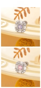 Art Deco square stud earrings with purple and pink zircon set in silver titanium steel