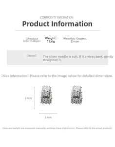 Vue détaillée de boucles d'oreilles carrées en zircon avec spécifications des matériaux