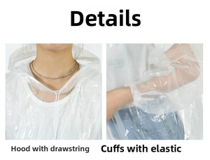 Detail of waterproof disposable raincoat featuring drawstring hood and elastic cuffs