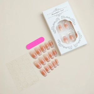 French press-on nail kit with peach pink gradient cat eye effect and essential tools