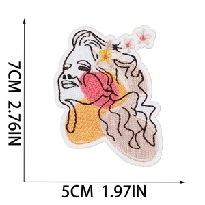 Artistic sun-style woman portrait embroidered patch with floral details and dimensions
