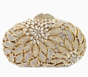 Elegant gold leaf flower evening clutch bag with sparkling rhinestones for party