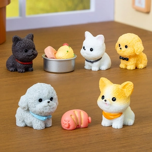 Set of five cute miniature puppy figurines with bibs and food bowls for micro landscape decor