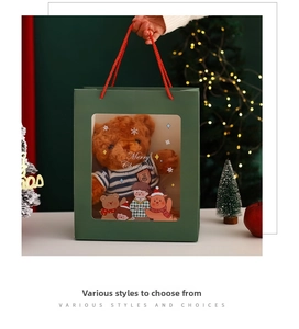 Christmas gift bag set with window, green paper tote and brown teddy bear inside