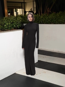 Elegant black high neck long sleeve maxi dress with waist ruching detail for women
