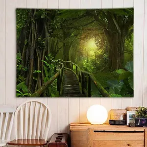 Tropical forest tapestry with mossy wood bridge hanging on bedroom wall for home decor