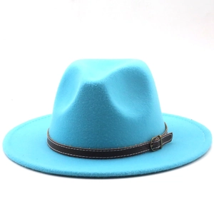 Classic blue wool felt fedora hat with wide brim and decorative black leather band buckle