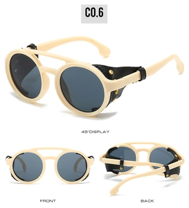 Steampunk round sunglasses with leather side shields and gold rivets in multiple views