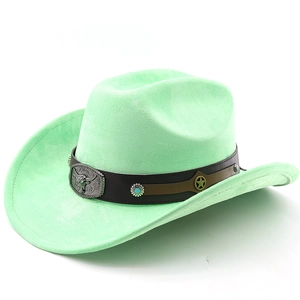 Light green cowboy hat featuring a black leather band with vintage metal bull head and studs