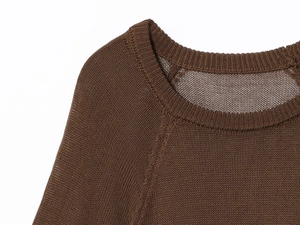 Detail of the ribbed crew neck and raglan sleeve stitching on the brown knit sweater