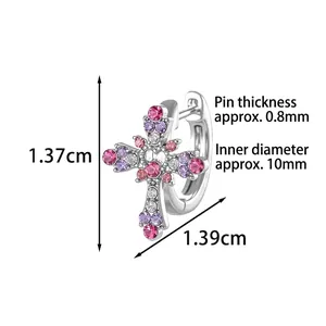 Bohemian silver cross hoop earrings with pink and purple rhinestones 1.37cm height