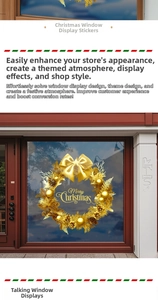 Detailed golden Christmas wreath window sticker with Merry Christmas text on shop glass