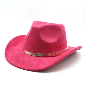 Classic rose red faux suede cowboy hat with gold buckle band for men and women