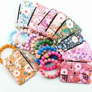 Silicone bead wristlet keychain with floral printed PU leather card holder wallets