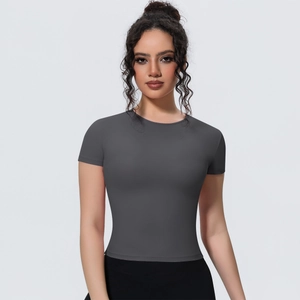 Close-up of charcoal gray slim fit yoga t-shirt with crew neck and breathable fabric
