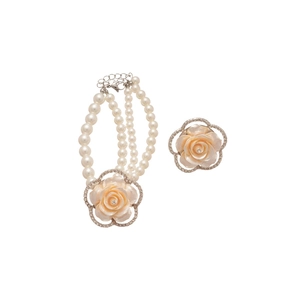 Elegant pearl necklace and ring set with pink resin flower and sparkling rhinestones