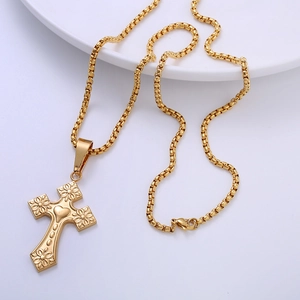 Gold gothic stainless steel cross necklace with heart and flower embossed details