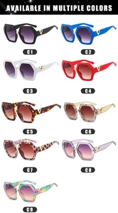 Multiple colors of hexagonal frame sunglasses with distinctive metallic V-shaped temple detail