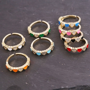 Colorful drip oil heart rings with small zircons in gold plated adjustable bands