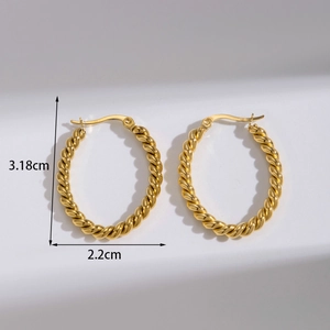 Golden twist texture C-shape earrings in stainless steel, size 3.18cm by 2.2cm