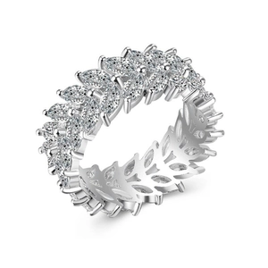 Detailed view of marquise cut cubic zirconia arranged in a leafy vine silver ring band