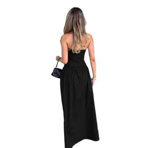 Elegant black backless strapless maxi dress with a slim fit minimalist silhouette