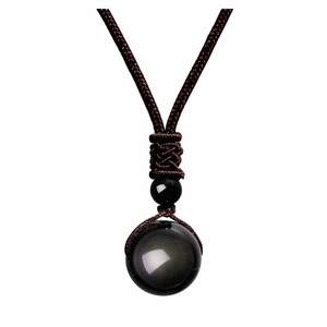 Vintage necklace featuring a rainbow eye obsidian round stone with hand-woven rope