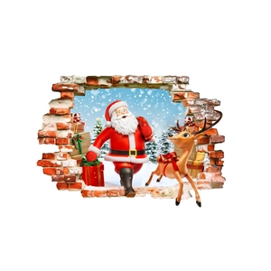 3D Christmas wall sticker featuring Santa Claus and reindeer breaking through a brick wall