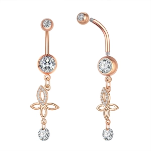 Detailed view of rose gold navel ring with white zircon flower pendant and screw thread