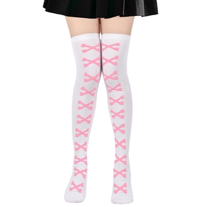 Detail of white over-knee socks featuring pink bone cross-print and ribbed elastic cuffs