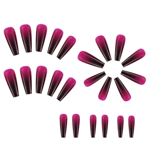Detail of 24 long coffin fake nails with fuchsia to dark coffee gradient mirror finish