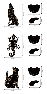 Detailed size chart for black wooden cat, wolf, and gecko moon themed jewelry shelf