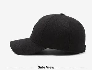 Side view of men's thick gray winter baseball cap with ear protection fabric and shield logo