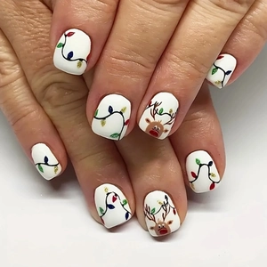 Christmas Reindeer Press On Nails Short Square Colorful String Lights Cartoon Festive Manicure Accessories Women