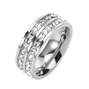 Polished silver titanium steel ring with double rows of sparkling square-cut crystals