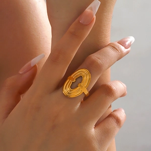 Minimalist Stainless Steel Geometric Oval Hollow Adjustable Open Ring For Women 18K Gold Plated Fashion Jewelry Finger Ring