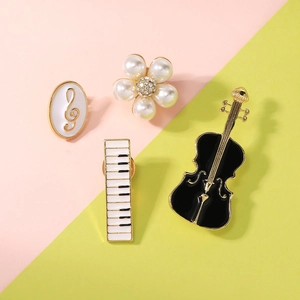 Elegant music-themed brooch set with piano, violin, note and pearl flower designs