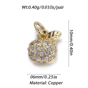 Detailed view of a 14k gold-plated apple pendant with cubic zirconia and size dimensions
