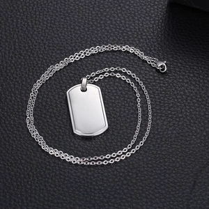Polished silver stainless steel military dog tag pendant necklace on black leather