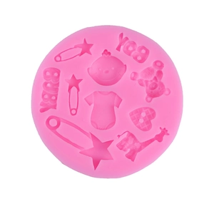 Pink silicone baby shower cupcake mold with bear, giraffe and letter patterns