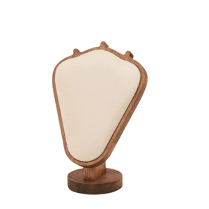 Elegant wood jewelry display stand with beige linen lining for necklace presentation