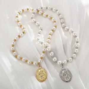 Saint Christopher Pendant Necklace Vintage Stainless Steel Religious Protection Jewelry With Imitation Artificial Pearl Beads