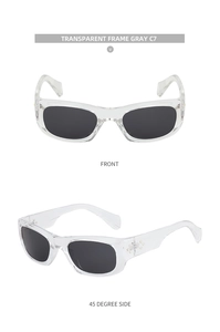 Front and 45-degree side view of transparent square sunglasses with grey lenses